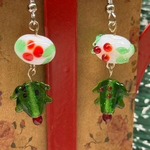 Artisan Green and Red Glass and Lampwork Christmas Earrings #1  2/$22